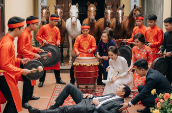 Ngày ăn hỏi, cả nhà gái ra đón rước nhà trai bằng chiêng trống và ngựa trắng, nhưng vừa đến cổng thì trưởng đoàn nhà trai bỗng lăn đùng ra ngất giữa sân