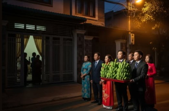 Nhà trai đến đón dâu lúc 4 giờ sáng vì lý do cô dâu đã có bầu trước khi cưới, phải về nhà chồng trước khi trời sáng, sính lễ là 5 nải chuối xanh