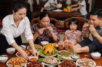 Vừa gọi đồ ăn gà cá ê hề về nhà định gọi mẹ đẻ sang ăn thì thấy mùi mẹ chồng đã liền mời gia đình 2 em chồng với 4 đứa cháu